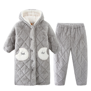 儿童睡衣秋冬季加厚款三层夹棉男童孩珊瑚绒法兰绒睡袍保暖家居服