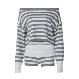 时尚条纹斜肩一字领两穿长袖毛衣条纹翻领短裤两件套秋季时尚套装