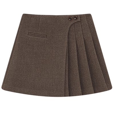 KBNE不规则学院风咖色a字半身裙女2026春季新款百褶裙磨毛短裙子