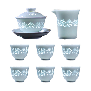 景德镇影青玲珑瓷茶具套装泡茶专用悬停盖碗茶壶高级陶瓷茶具礼盒