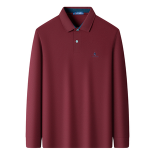 [100%丝光棉]梦特娇长袖Polo衫男纯棉翻领春季红色爸爸婚宴装T恤J
