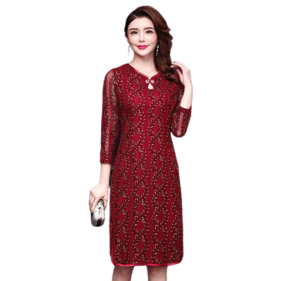 香妮芬春秋新款中年风喜庆连衣裙