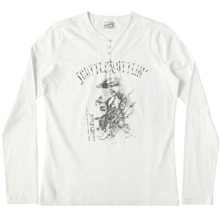 VTG系列170克SRV蓝调摇滚乐队棉麻袢扣亨利领长袖T恤 MBBCAR窄幅