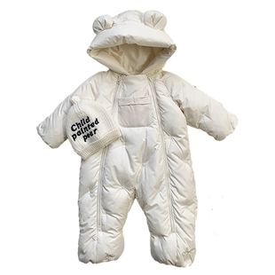 ins宝宝冬季外出羽绒服婴童纯色三防保暖爬服洋气婴儿连体衣冬装