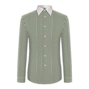 本派纯棉短袖衬衫男秋季轻奢意式香槟领绿色条纹尖领休闲长袖衬衣
