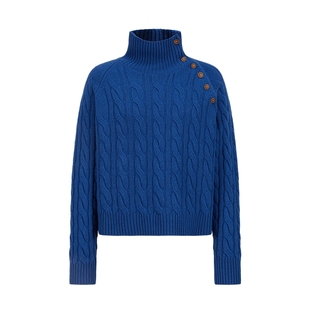 摩萨克女装冬绵羊毛100可翻领斜襟纽扣上衣针织衫毛衣