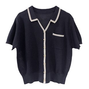 misslady法式复古冰丝拼色娃娃领翻领短袖针织衫开衫女显瘦百搭女