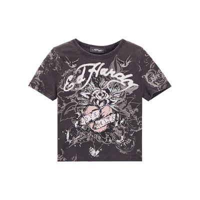 Ed Hardy埃德哈迪冬季新款美式复古烫钻修身女士短款短袖T恤