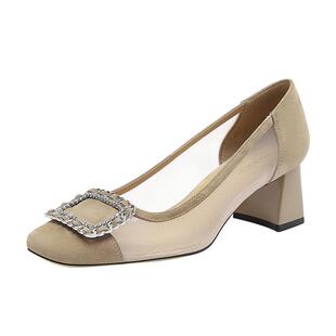 哈森粗跟单鞋女春夏新款时尚方头裸色网纱高跟鞋HWS240235