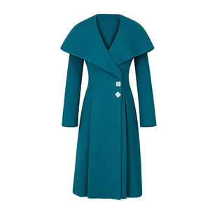 Labor of Love 孔雀翎 原创设计复古湖蓝钻扣翻领A字收腰羊毛大衣