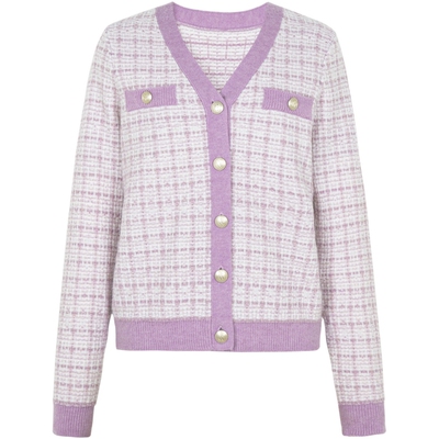 XG雪歌淡紫色长袖V领毛针织衫时尚冬季新款金丝格纹羊毛开衫女装