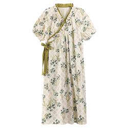 云朵棉系带睡袍女夏季甜美短袖睡裙和服中长款带胸垫睡衣家居服