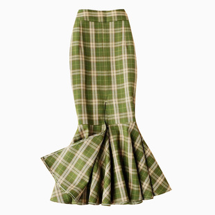 绿色格纹半身裙高腰遮跨半身裙长裙女秋垂感开叉荷叶边格子鱼尾裙