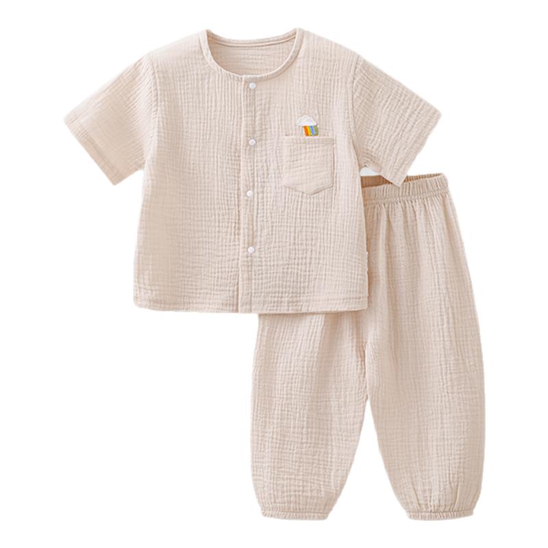 宝宝短袖套装长裤薄款婴儿纯棉皱皱纱布衣服夏季婴幼儿童外出衣服