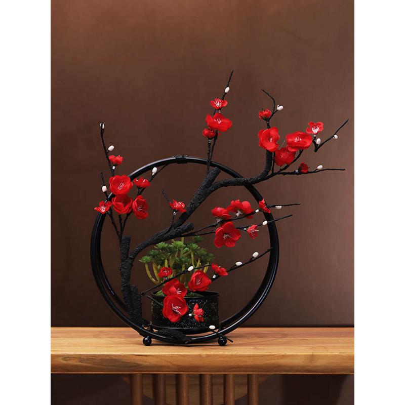 中式仿真红梅花套装卧室家居花艺摆件客厅茶几电视柜摆放假花装饰