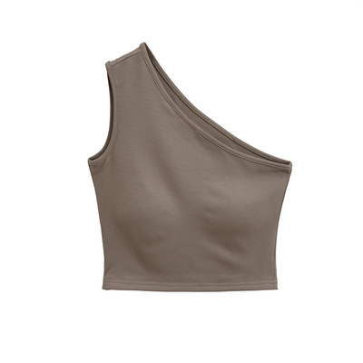 辣妹带胸垫斜肩短款背心上衣