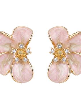 999纯银针粉色珐琅花朵耳钉漂亮