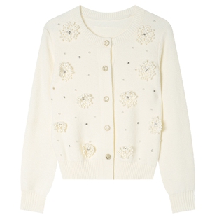 白鹿语立体花朵钉珠开衫针织衫25秋冬新款温柔百搭毛衣外套上衣