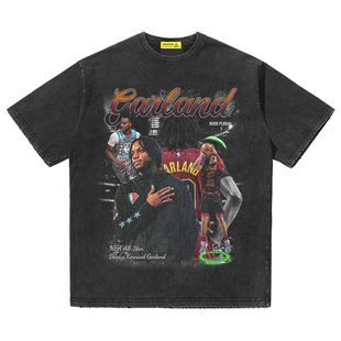 摇滚计划骑士加兰印花美式复古重磅半袖T恤男篮球衣高街潮牌