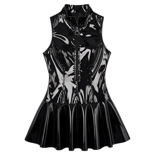 纯色拉链款PU皮A字裙 Solid patent leather skinny zipper dress