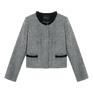 Maven Lin复古千金感 手工钉珠小香风外套女人字纹短款羊毛上衣