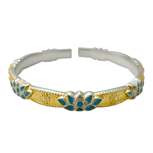 莲花银手镯女9999纯2025新款珐琅描金年轻款银镯子妈妈款生日礼物