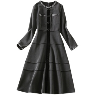 欧洲站2026春装宋慧乔同款高端气质深灰色拼接织带大摆显瘦连衣裙