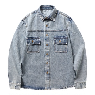 重磅做旧水洗高盎司斜纹丹宁浅色美式复古休闲牛仔夹克复古外套潮