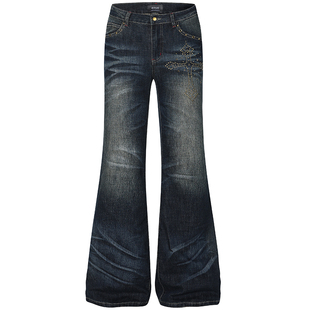 OV原创美式朋克十字架铆钉设计水洗牛仔裤女修身显瘦微喇叭长裤子