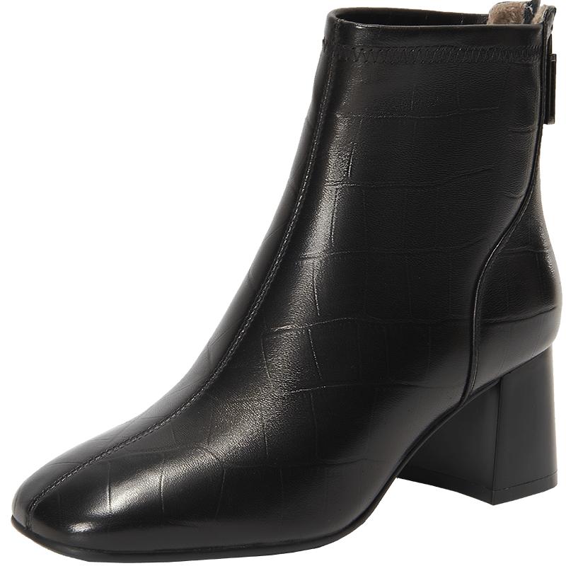 商场同款百田森法式方头鞋子秋冬高级感羊皮羽绒里粗跟白色短靴女