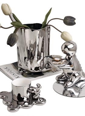 艺术镀银花瓶创意陶瓷样板间摆件