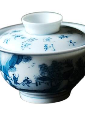 弥云斋手绘青花山水诗文茶具
