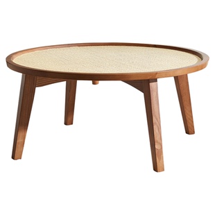 藤编大小组合圆形实木休闲桌北欧小户型原木风小茶桌家具茶几角几