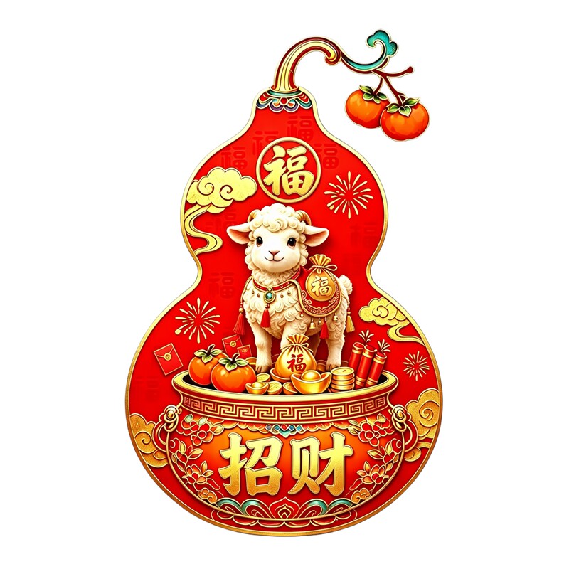 国风萌羊纳福葫芦墙贴鞭炮红包元素新年大门玻璃吉祥氛围防水贴画