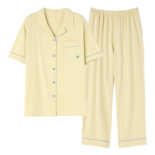秋鹿短袖长裤睡衣女夏天纯棉简约女士家居服夏款套装薄款翻领开衫