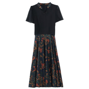 高贵女装新中式真丝碎花旗袍连衣裙夏季短袖气质妈妈显瘦雪纺裙子