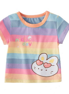 [2026夏季新品]女童t恤夏装5岁宝宝彩色条纹上衣儿童短袖小童衣服