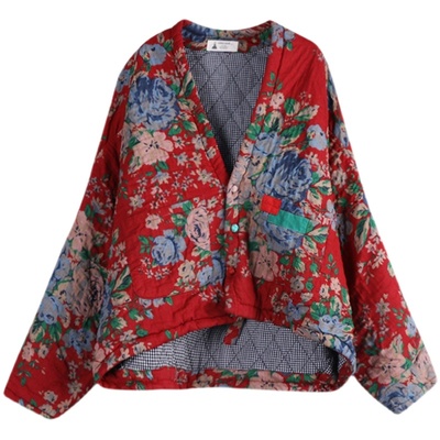 民族风碎花棉麻棉服女2025年新款蝙蝠袖短款中式盘扣棉衣棉袄外套