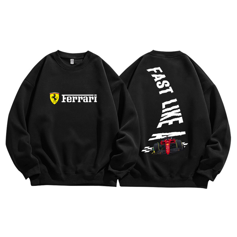 法拉利F1方程式小众创意印花美式纯棉卫衣男装长袖T恤衫高街潮牌