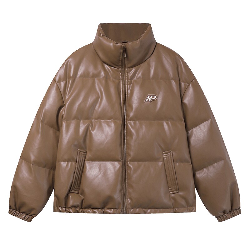 白鹿语PU加厚保暖羽绒服2025冬季新款立领仿皮锁温落肩宽松外套女