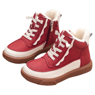 红色加绒女童短靴2025冬新款真皮儿童皮靴短筒中大童高帮休闲棉鞋
