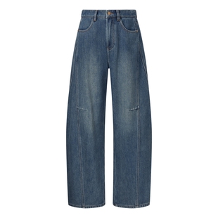 歌莉娅抓绒牛仔裤女2025新款冬季厚款裤子宽松阔腿裤高腰弯刀长裤