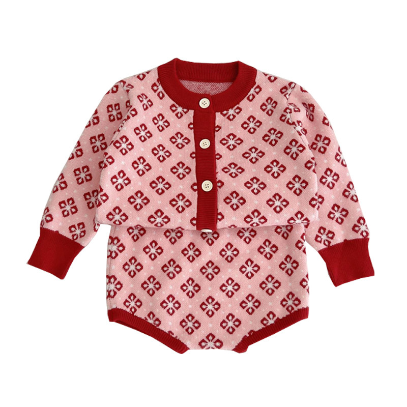 韩版婴儿衣服秋冬套装女宝宝新年衣服针织上衣短裤洋气分体两件套