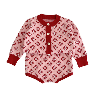 韩版婴儿衣服秋冬套装女宝宝新年衣服针织上衣短裤洋气分体两件套