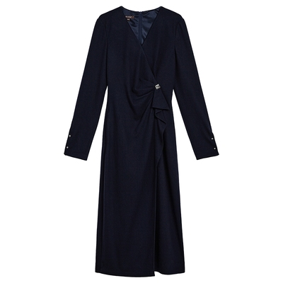 YINER音儿专选2025春季新款法式V领优雅羊毛收腰气质连衣裙