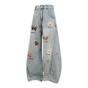 查尔斯桃心美式小狗弯刀牛仔裤男直筒复古休闲宽松潮牌阔腿长裤子