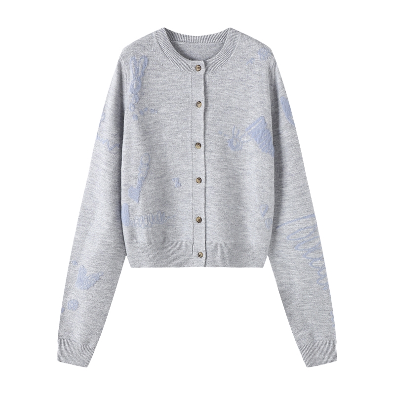 Basic House/百家好卡通刺绣开衫外套秋冬绵羊毛圆领长袖针织衫女