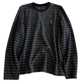 复古文艺深灰色条纹圆领长袖T恤女宽松磨毛内搭打底衫秋冬新款潮