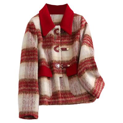 格子夹棉翻领短款毛呢外套女套装