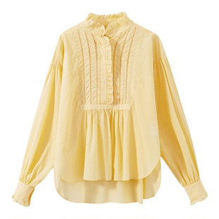 【日光涟漪】高支数精梳薄棉 法式木耳边领蕾丝镂空拼接纯棉衬衫